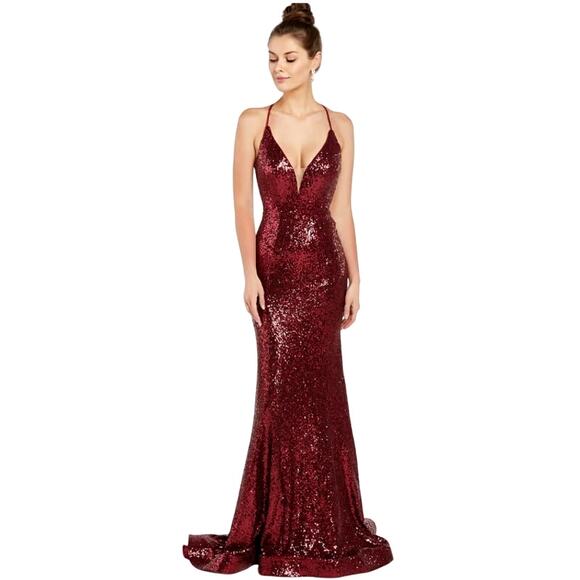 The Secret Dress by Alyce Paris Burgundy Sequin Gown – Size 8 - Open Back Train - Picture 2 of 14